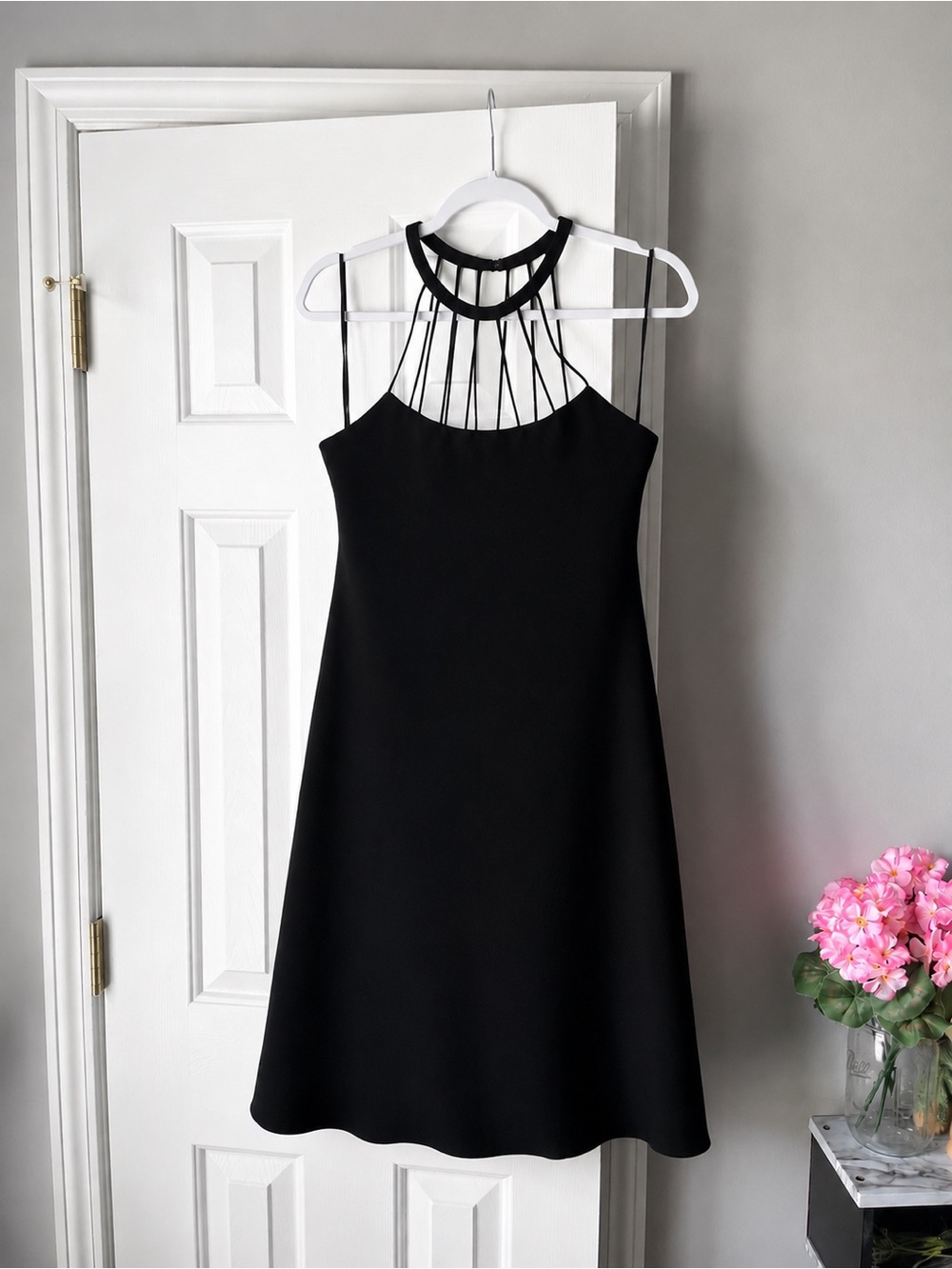 Vintage Evan Picone Black Caged Neck Halter Dress
